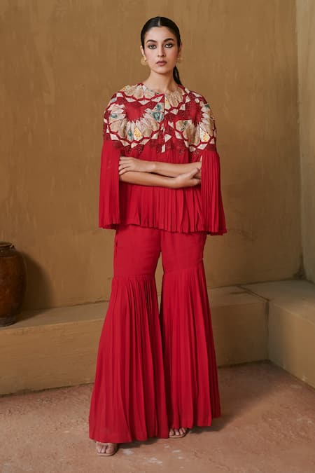 Studio Radical Pink Crepe, Georgette Beads, Applique Round Neck Pleated Cape Pant Set