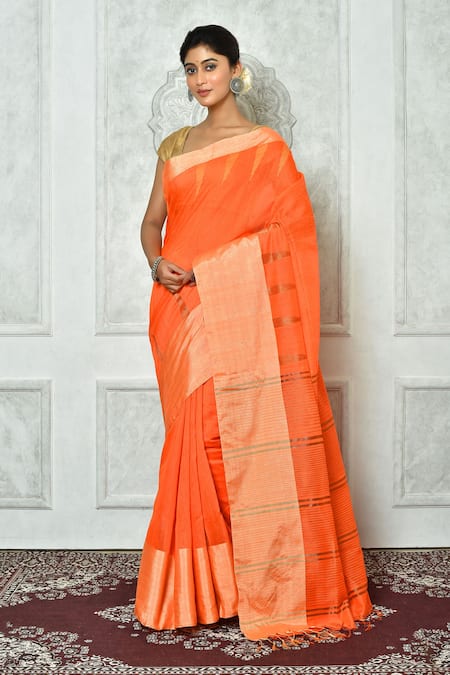 Adara Khan Orange Blended Cotton Woven Striped Saree
