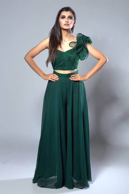 Bottle Green Georgette Embroidered Long Dress (Two Nos in One Set)