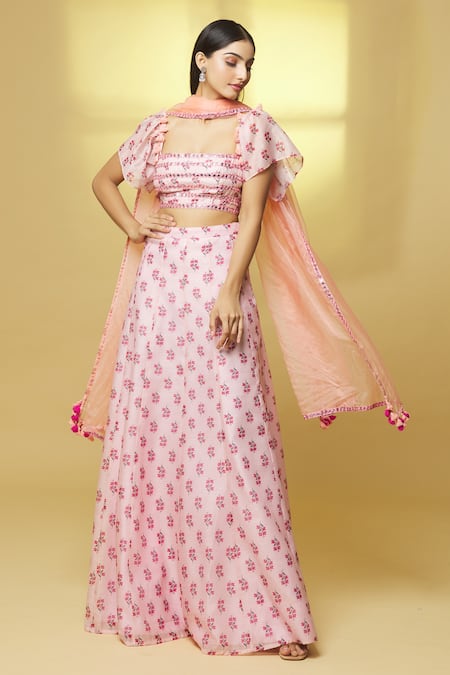 Kalakaari By Sagarika Pink Cotton, Chiffon Tassels, Mirrors Square Chanderi Floral Print Lehenga Set 