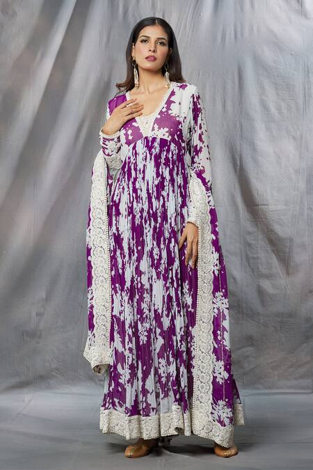 Buy_Aksh_Purple Georgette, Taffeta Embroidery, Lace Printed Border Anarkali With Dupatta_Online_at_Aza_Fashions