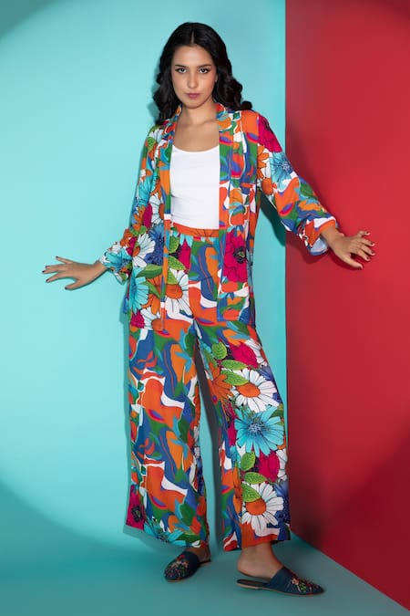 Rhe-Ana Abstract Floral Print Blazer Shirt & Pant Co-ord Set 