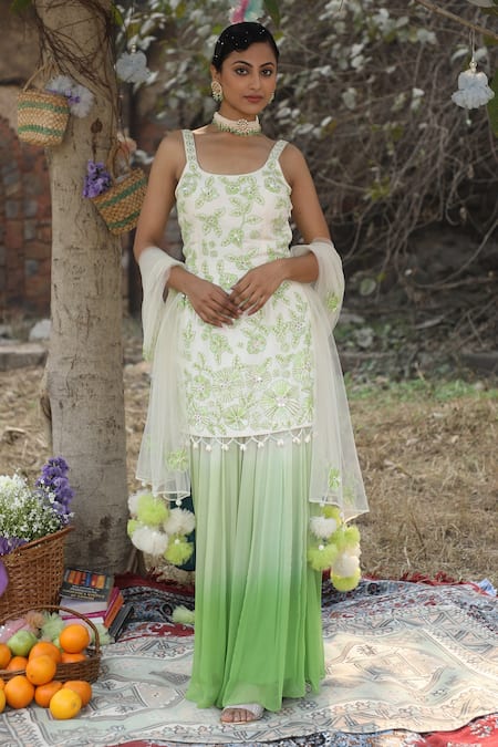 Nitisha Kashyap Official Ivory Georgette, Net, Silk Sequins, Beads Floral Embroidered Kurta Sharara Set 