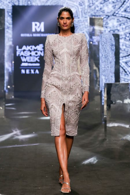 Ritika Mirchandani Purple Net Embroidery Bead Round Neck Solana Geometric Zipper Dress  