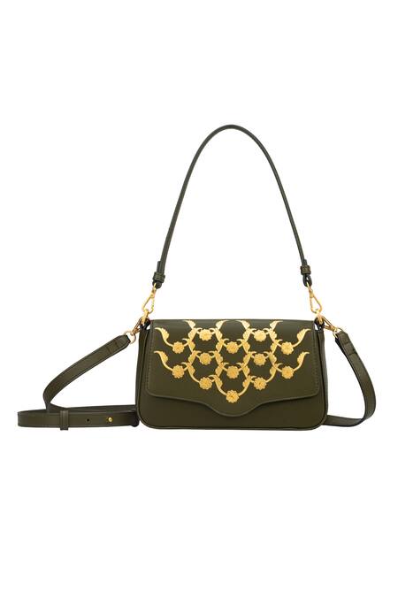 Aranyani Green Glided Champa Flower Gold Pattern Trails Shoulder Bag