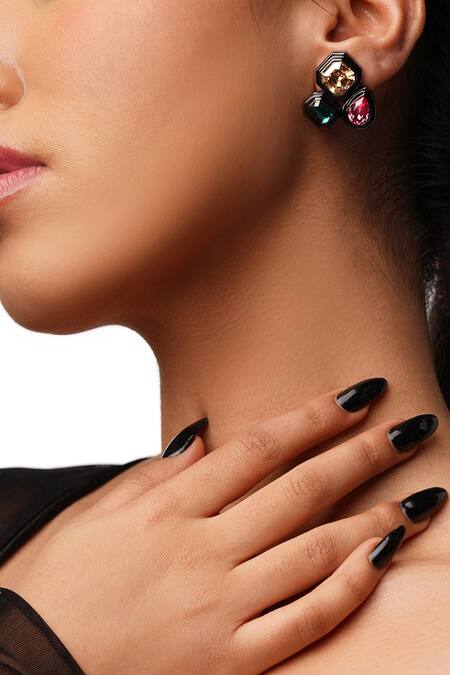 Shop Isharya Multi Color Crystals Banger Trio Stud Earrings at Aza Fashions Shop_Isharya_Multi Color Crystals Banger Trio Stud Earrings_at_Aza_Fashions