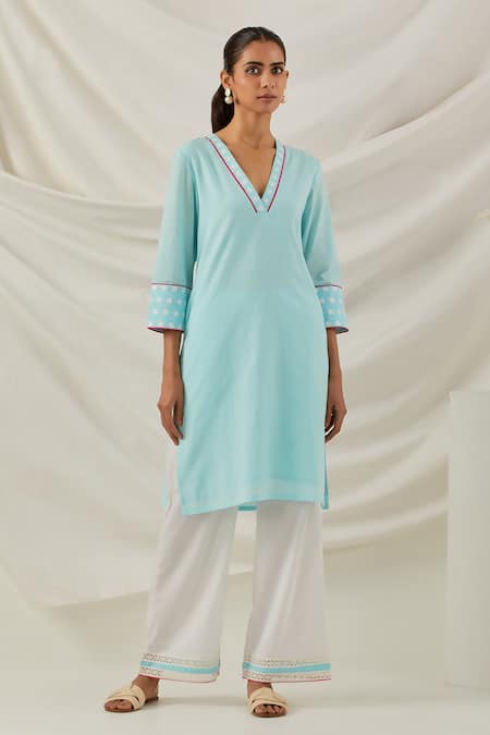 TIC Solid Short Kurta With Lace Insert Palazzo 