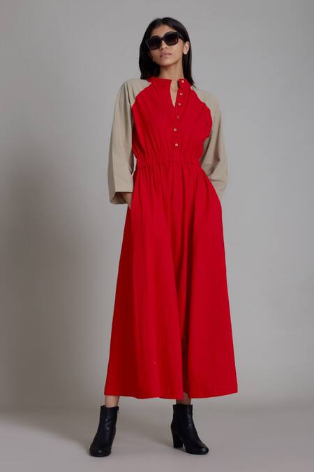 MATI_1 Beige Cotton Bandeau Neck Sphara Color Block Jumpsuit