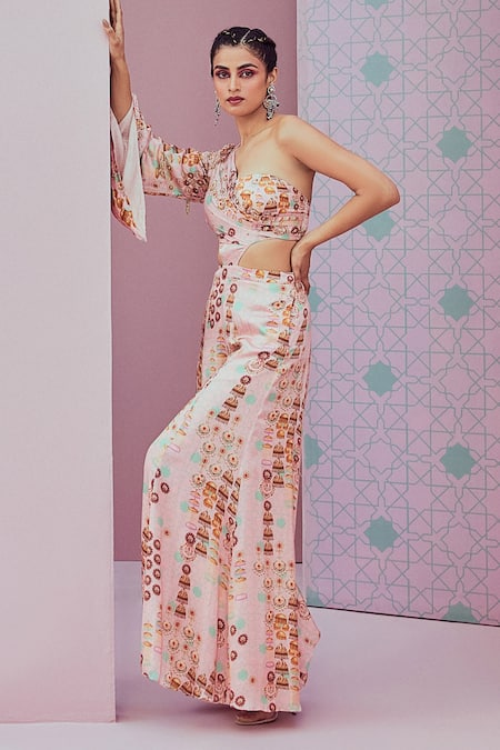 Krisha sunny Ramani Pink Modal Satin Embroidered Crystal One Shoulder Cut-out Embellished Jumpsuit 