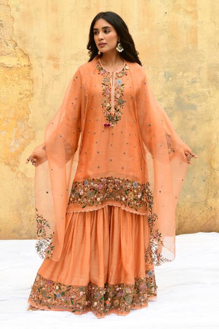 Label Niti Bothra Peach Pure And Handwoven Banarasi Silk Embroidery Blooming Kurta & Sharara Set