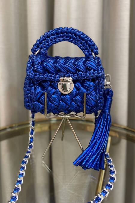 Shop Bijit Blue Tassels Braided Sling Bag at Aza Fashions Shop_Bijit_Blue Tassels Braided Sling Bag _at_Aza_Fashions