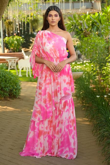 Disha Kahai Pink Georgette Embroidered Tie-dye One Shoulder Draped Kurta And Gharara Set 