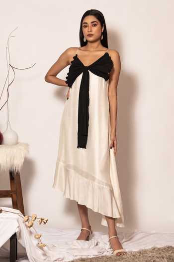 Vanshika Agarwal Label Black Bamberg Silk, Lining Taffeta, Yoyo Crepe Ella Front Bow Asymmetric Dress 1