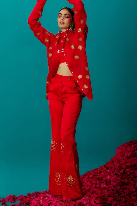 Latha Puttanna Red Satin Organza Embroidered Rose Flared Pant 