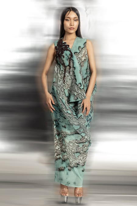 Abhishek Sharma Green Polyester Embroidery V-neck Reef Print Front Cowl Dress 