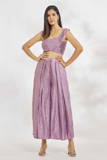 Buy Purple Satin Textured Scoop Neck Cross Pattern Top With Pant For ...