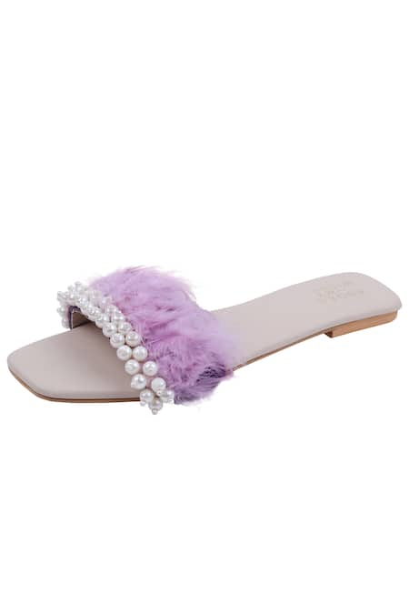 Buy Purple Embellished Faux Feather Sliders by Adorn My Wish