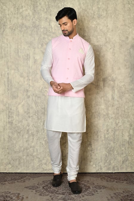 Aryavir Malhotra Chikankari Geometric Work Bundi & White Kurta Set 