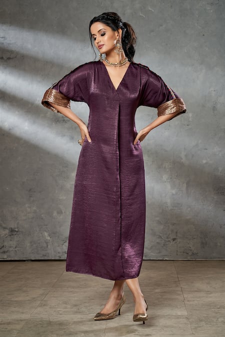 Aditi Somani Wine Silk Suede Geometric V Neck Embroidered Kaftan Tunic 