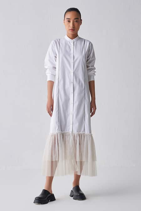 Three White Poplin, Net Bandeau Neck Gathered Hem Shirt Dress 