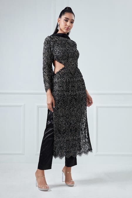 House of Exotique Black Chiffon, Lace, Satin, Net Embroidery Round Neck Embellished Kurta Set