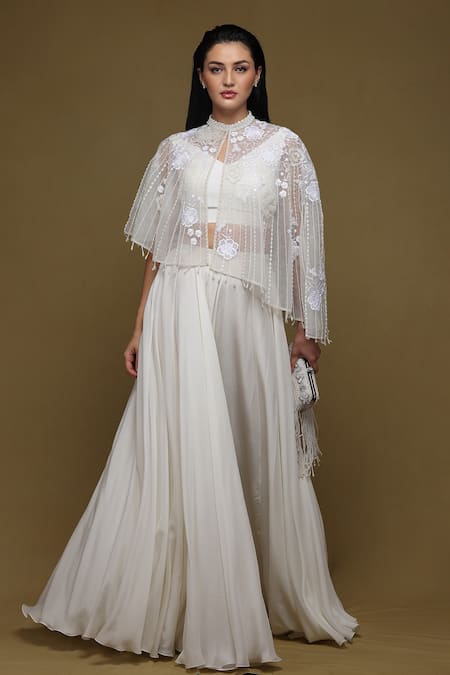 Shriya Som Ivory Tulle, Crepe, Chiffon Pleated Lehenga And Floral Embroidered Capelet Set