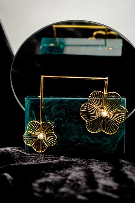 Buy NR By Nidhi Rathi Green Carved Floral Rectangular Resin Clutch Bag at Aza Fashions Buy_NR By Nidhi Rathi_Green Carved Floral Rectangular Resin Clutch Bag_at_Aza_Fashions