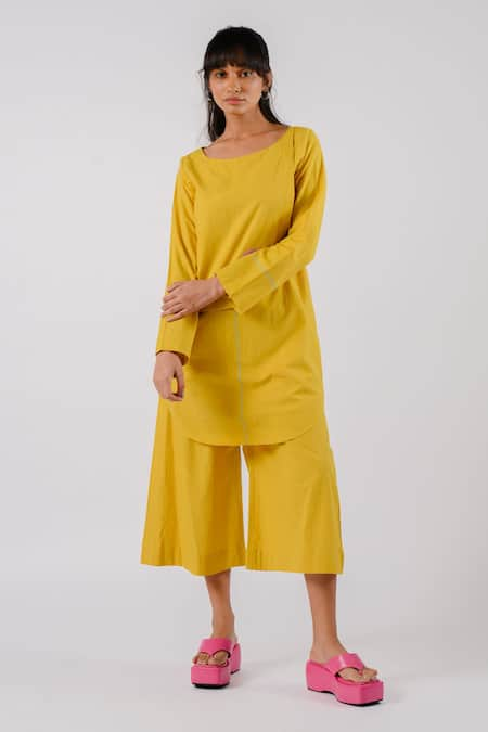 Tussah by Siddhi Shah Yellow Cotton Threadwork Round Front Flap Tunic With Culottes  