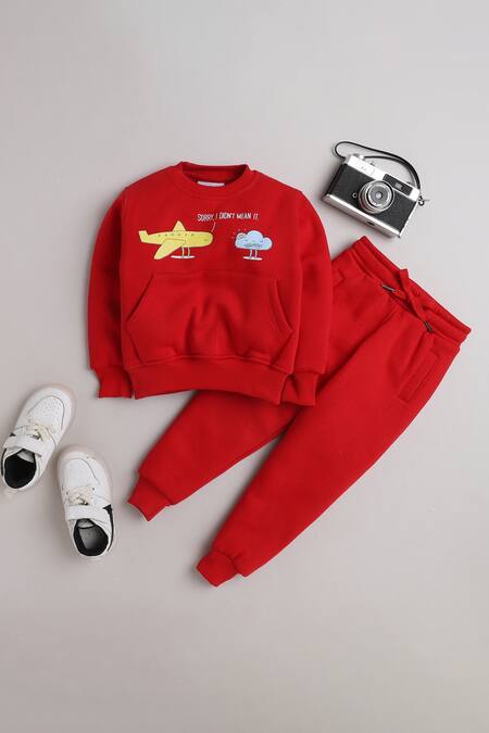 Knitting Doodles Red Fleece Printed Cloud And Aeroplane Top & Joggers Set  