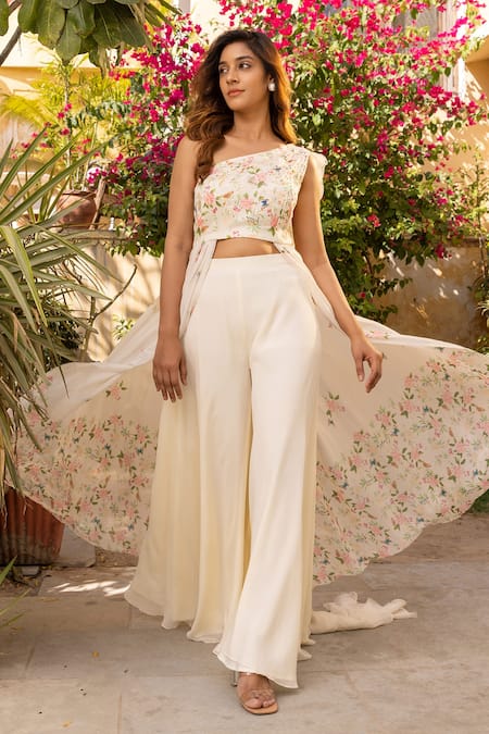 Pastel Crop Top With Dhoti Pants And Attached Dupatta Set