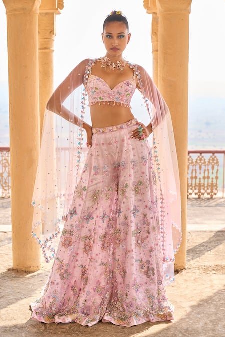 LASHKARAA Pink Satin Embroidery Beads Sweetheart Cutdana And Sequin Butterfly Sharara Set 