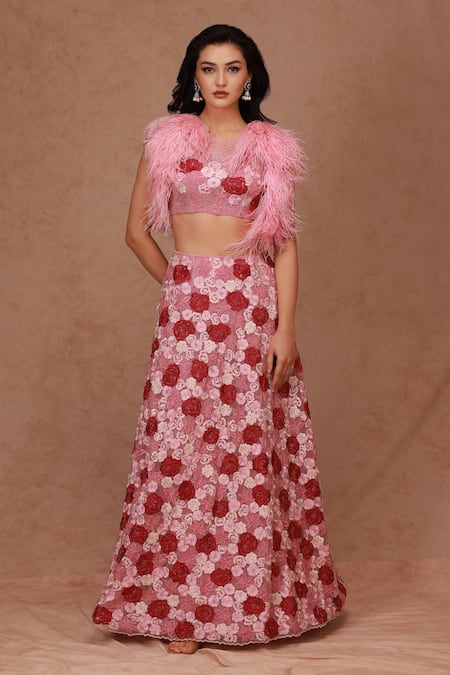Buy Pink Linen Printed Floral Motifs Boat Neck Lehenga With Blouse For  Women by Pasha India Online at Aza Fashions.