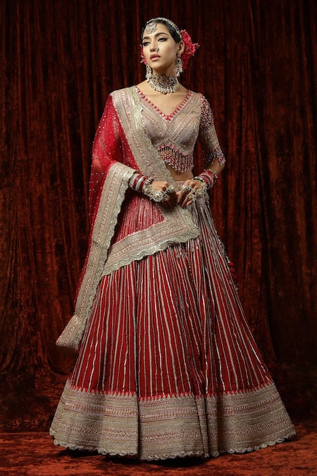Shikhar Sharma Red Silk, Net, Chanderi Beads, Tassels, Ruh Gulab Gota Bridal Lehenga Set
