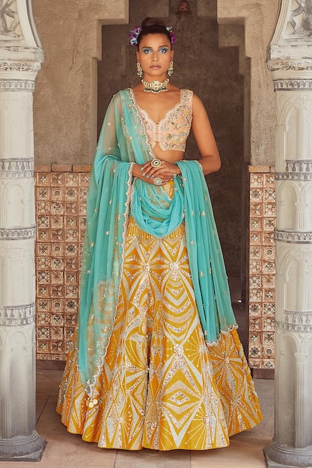 Flared Turquoise Lehenga & Gold Sequins Choli Size: Medium at Best Price in  Surat | Anmol Fashion