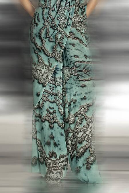 Buy Abhishek Sharma Green Polyester Printed Wide Trouser Online at Aza Fashions Buy_Abhishek Sharma_Green Polyester Printed Wide Trouser _Online_at_Aza_Fashions