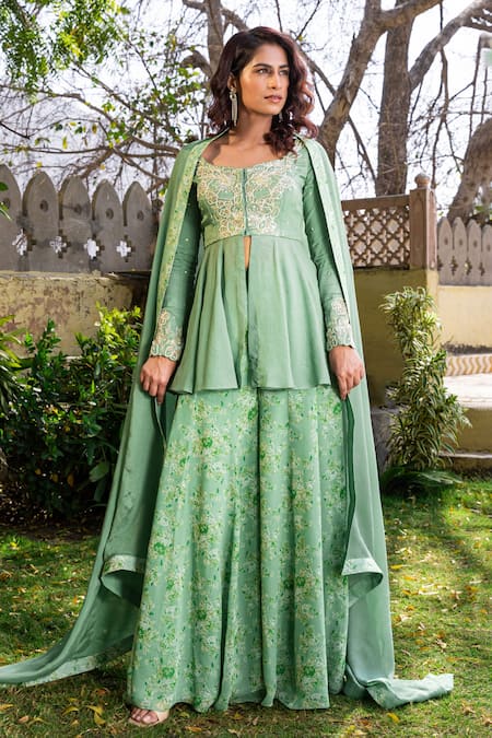 Suruchi Parakh Green Georgette Printed And Hand Embroidered Floral Round Kurta Sharara Set 