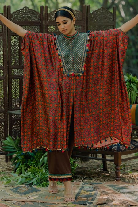 Pooja-Keyur Brown Cotton Satin Embroidered Aari High Neck Floral Print Kaftan And Pant Set 