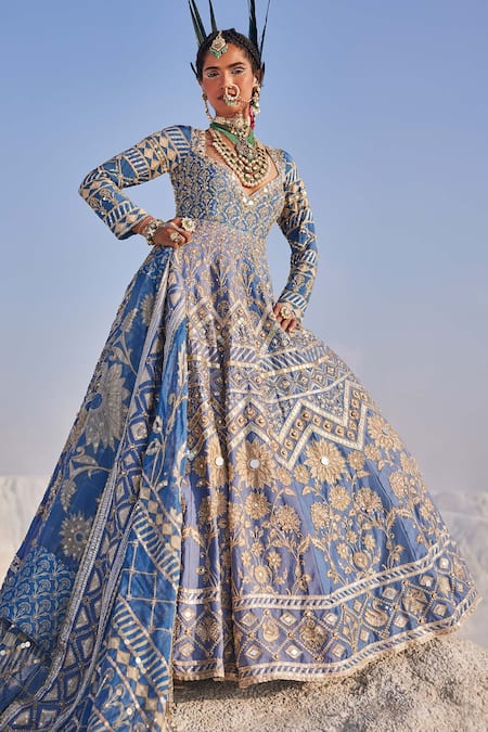 The Royaleum Blue Silk, Organza Sequins, Embroidery V-neck Patola Anarkali With Dupatta 