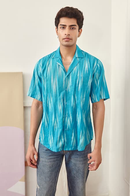 Sorbae Blue Printed Ikat Vern Cuban Collar Shirt