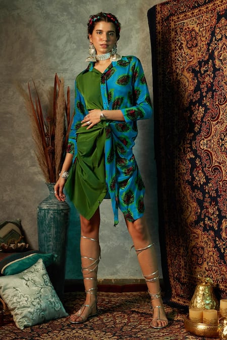 Esha L Amin Blue Modal Satin Printed Blotch Spread Collar Shirt Dress 