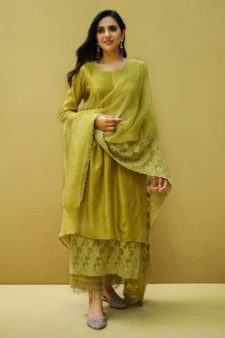 Naaz By Noor Green Cotton, Organza, Chanderi Flower Embroidery Floral Lace Work Kurta Set 