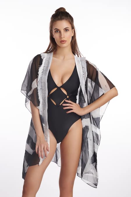 Kai Resortwear Barcode Fringe Hem Open Front Kaftan 