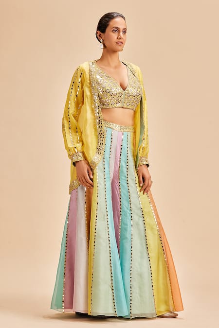 Nitika Gujral Yellow Organza Embroidery Mirror Blouse V Work Sheer And Panelled Sharara Set 