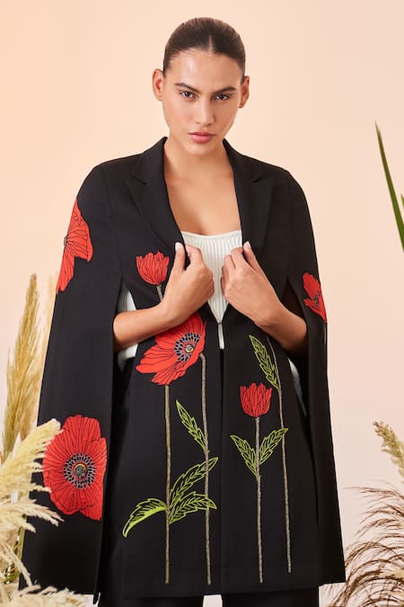Shahin Mannan Black Double Crepe Poppy Notched Collar Long Cape 