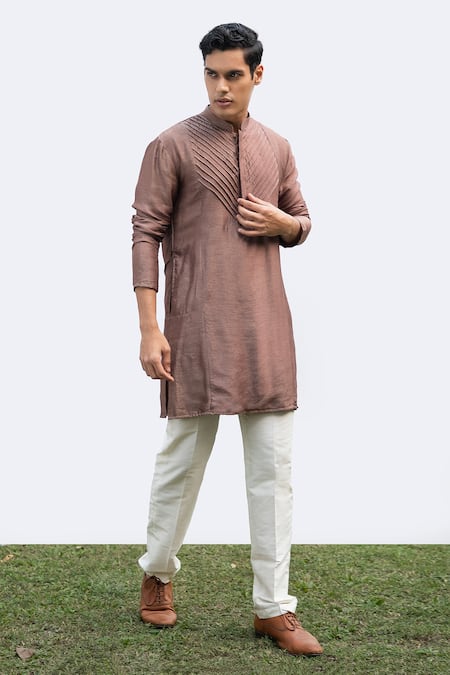 KAKA CALCUTTA Brown Kurta- Bamberg Silk Pintucks Placement Pattern Set 