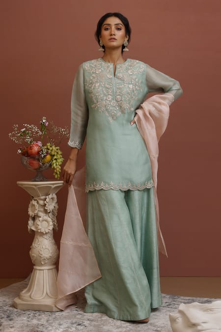 Neha Poddar Blue Organza, Silk Embroidery, Pearls, Sequins Floral Short Kurta Sharara Set