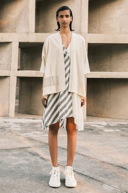 Urvashi Kaur_Grey Handloom , V-neck Zephyr Stripe Pattern Dress _Online_at_Aza_Fashions