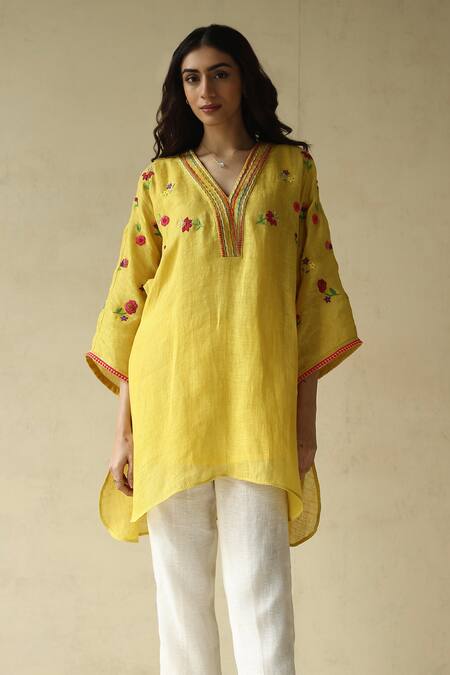 Roza Yellow Motif Embroidered Kaftan-cut Tunic 