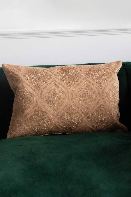 Khaabka Brown Chanderi Silk Embroidery Cushion Cover - Set Of 2 