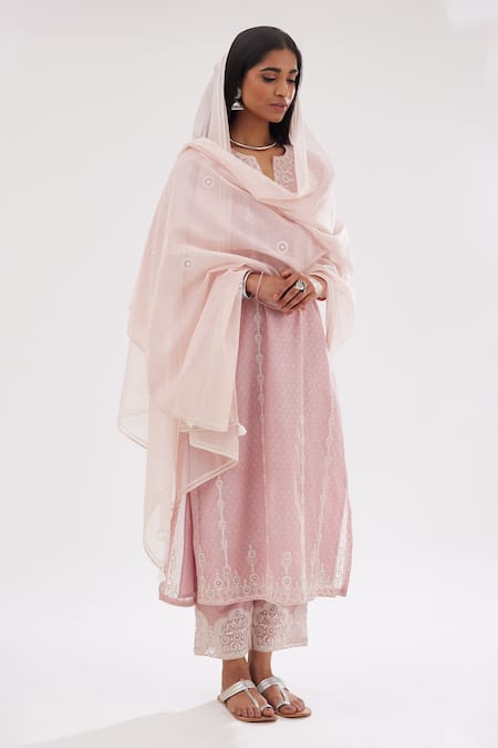 Kora Pink Cotton, Chanderi Sequins, Embroidery Block Print Straight Kurta Pant Set